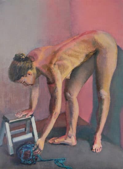 Ball of Yarn 2, painting by Arye Shapiro, nude woman bending toward ball of yarn