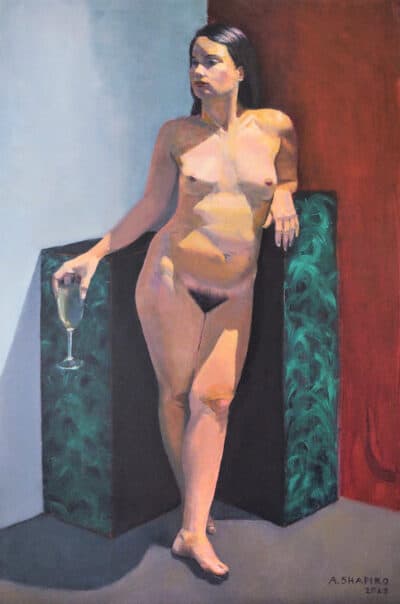 "Another glass of wine?" Painting by Arye Shapiro