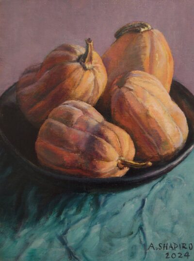 Honey squashes in black bowl - painting by Arye Shapiro