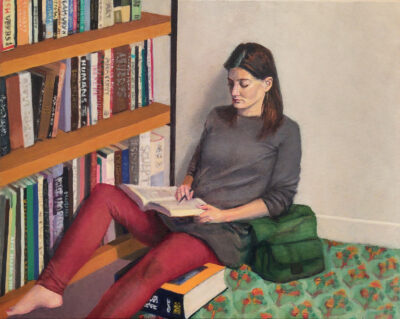 Reading the Novel Instead, painting by Arye Shapiro